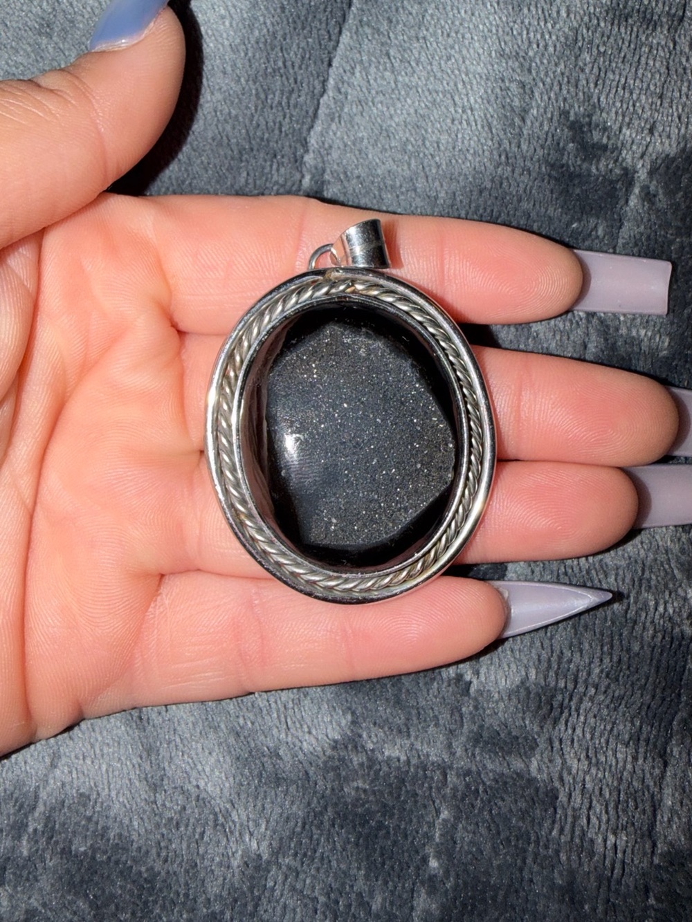 Sterling Silver Black Druzy Oval Pendant Necklace